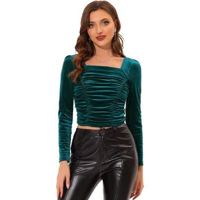 Allegra K Casual Velvet Top for Women's Ruched Front Square Neck Long Sleeve Crop Top