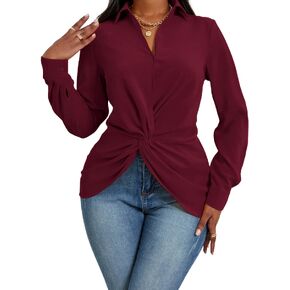 Vrtige Women's Collar V Neck Twist Front Long Sleeve Split Hem Blouse Shirt Top