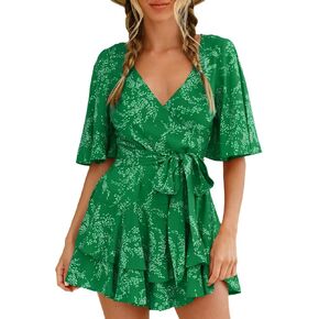SPRIME Women's Floral Print Summer Rompers Wrap V Neck Double Layered Ruffle Hem Jumpsuit Short Sleeve Waist Tie Romper in Kuwait