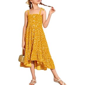 Rolmama Girls Summer Dresses Kids 2023 Sleeveless Tie Strap Boho Beach Midi Dress Smocked Ruffle Flowy Sundresses in Saudi Arabia