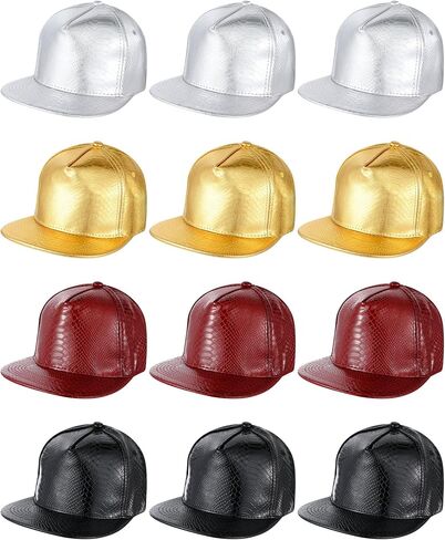 Xtinmee 12 Pcs PU Leather Hip Hop Hats Bulk Flat Brimmed Hat Funny Hat Adjustable Snapback Rock Cap Unisex Rapper Baseball Cap for Men Women Dancing Party Costume in Saudi Arabia