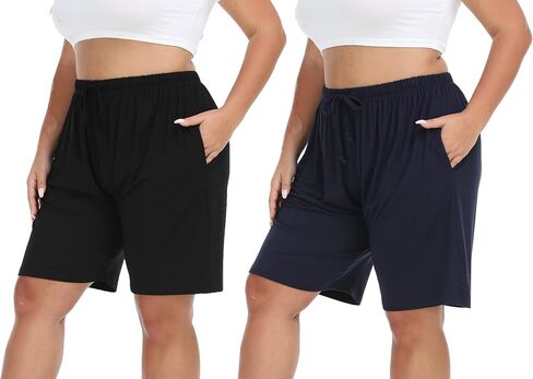 Cheapestbuy Women's Plus Size Bermuda Shorts Casual Summer Sweat Shorts Cotton Lounge Yoga Shorts with Pockets Drawstring in Kuwait