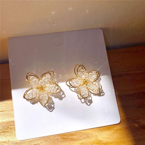 أقراط بوهو فريدة مصنوعة يدويًا من الكريستال الأبيض المجوف بطبقة مزدوجة على شكل زهرة أقراط صيفية لقضاء عطلة الشاطئ على شكل زهور للنساء والفتيات in Kuwait