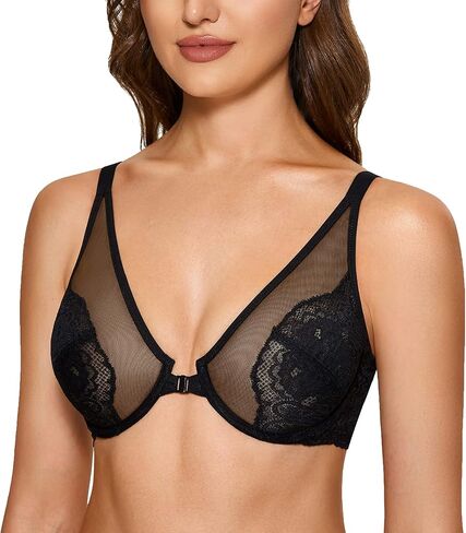 DOBREVA Women's Lace Bra Front Closure Bras Plunge Sexy See Through Minimizer Plus Size Underwire in Kuwait