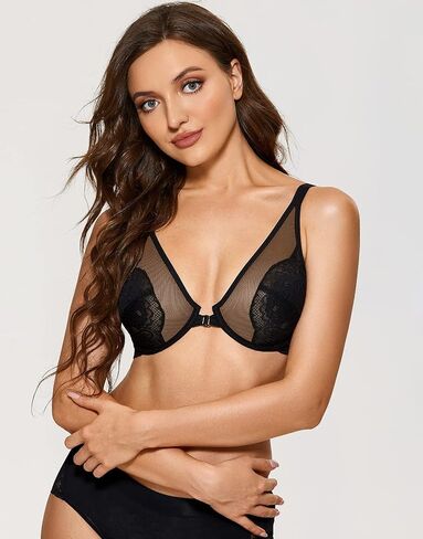 DOBREVA Women's Lace Bra Front Closure Bras Plunge Sexy See Through Minimizer Plus Size Underwire in Kuwait