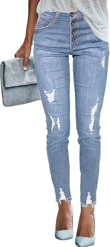 بنطال جينز نسائي ضيق مرتفع الارتفاع من Vetinee ممزق من قماش الدنيم المطاطي in Kuwait