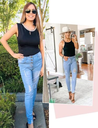 بنطال جينز نسائي ضيق مرتفع الارتفاع من Vetinee ممزق من قماش الدنيم المطاطي in Kuwait