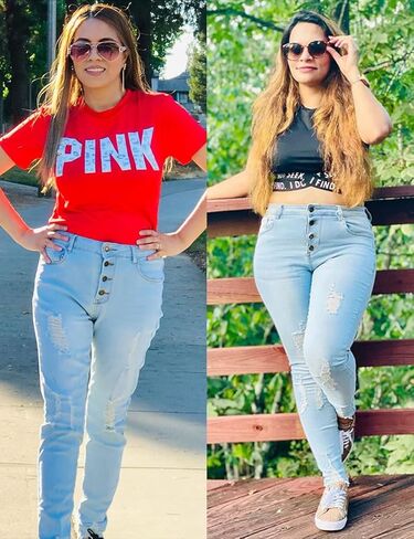 بنطال جينز نسائي ضيق مرتفع الارتفاع من Vetinee ممزق من قماش الدنيم المطاطي in Kuwait