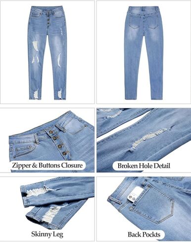 بنطال جينز نسائي ضيق مرتفع الارتفاع من Vetinee ممزق من قماش الدنيم المطاطي in Kuwait