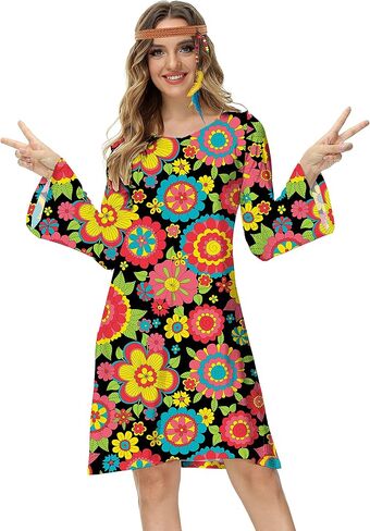 Deerose Women's 70s Hippie Costume Retro Go Go Groovy Dress in Kuwait