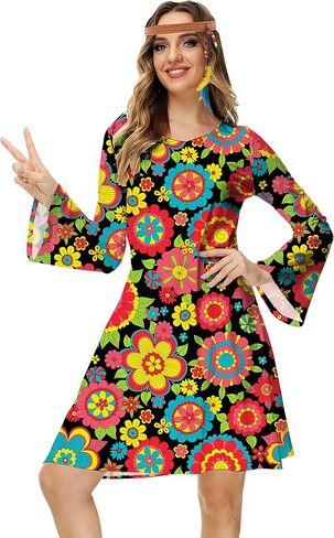 Deerose Women's 70s Hippie Costume Retro Go Go Groovy Dress in Kuwait