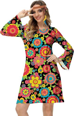 Deerose Women's 70s Hippie Costume Retro Go Go Groovy Dress in Kuwait