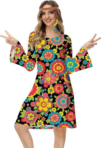 Deerose Women's 70s Hippie Costume Retro Go Go Groovy Dress in Kuwait