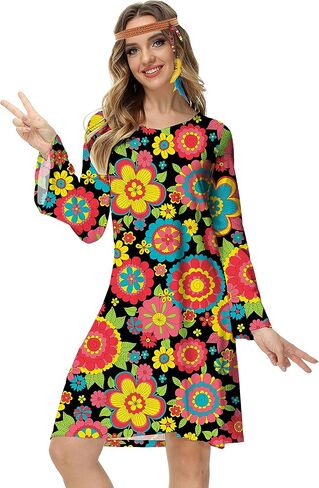 Deerose Women's 70s Hippie Costume Retro Go Go Groovy Dress in Kuwait