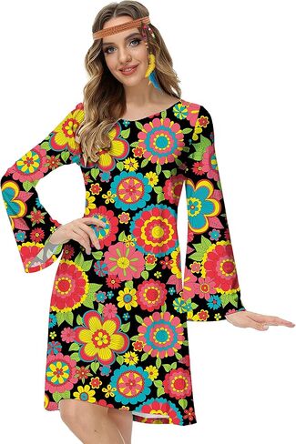 Deerose Women's 70s Hippie Costume Retro Go Go Groovy Dress in Kuwait