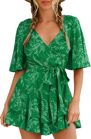 SPRIME Women's Floral Print Summer Rompers Wrap V Neck Double Layered Ruffle Hem Jumpsuit Short Sleeve Waist Tie Romper in Saudi Arabia