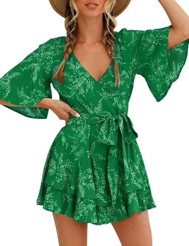 SPRIME Women's Floral Print Summer Rompers Wrap V Neck Double Layered Ruffle Hem Jumpsuit Short Sleeve Waist Tie Romper in Saudi Arabia