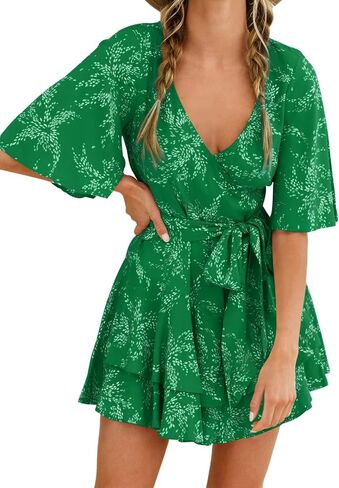 SPRIME Women's Floral Print Summer Rompers Wrap V Neck Double Layered Ruffle Hem Jumpsuit Short Sleeve Waist Tie Romper in Saudi Arabia