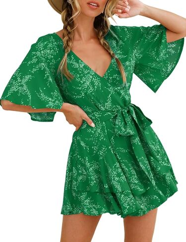 SPRIME Women's Floral Print Summer Rompers Wrap V Neck Double Layered Ruffle Hem Jumpsuit Short Sleeve Waist Tie Romper in Saudi Arabia