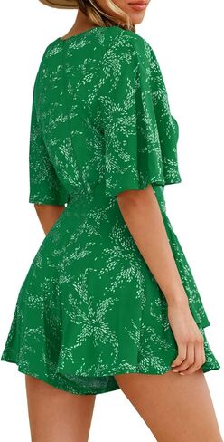 SPRIME Women's Floral Print Summer Rompers Wrap V Neck Double Layered Ruffle Hem Jumpsuit Short Sleeve Waist Tie Romper in Saudi Arabia