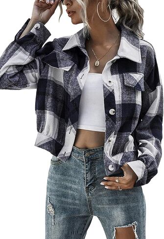 Haellun Womens Wool Blend Plaid Flannel Button Down Shirts Jacket Shacket Coats in Kuwait