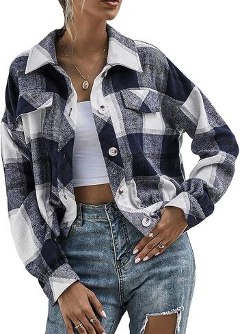 Haellun Womens Wool Blend Plaid Flannel Button Down Shirts Jacket Shacket Coats in Kuwait