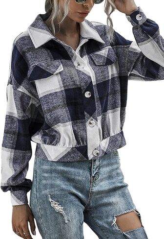 Haellun Womens Wool Blend Plaid Flannel Button Down Shirts Jacket Shacket Coats in Kuwait