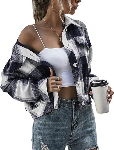 Haellun Womens Wool Blend Plaid Flannel Button Down Shirts Jacket Shacket Coats in Kuwait