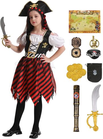 RAAIBB Girls Pirate Costume Dress Kids Halloween Costume Buccaneer Princess Cosplay with Deluxe Accessories Birthday Gifts in Kuwait