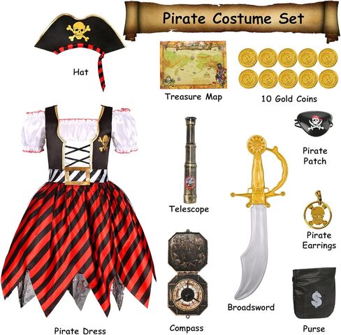RAAIBB Girls Pirate Costume Dress Kids Halloween Costume Buccaneer Princess Cosplay with Deluxe Accessories Birthday Gifts in Kuwait