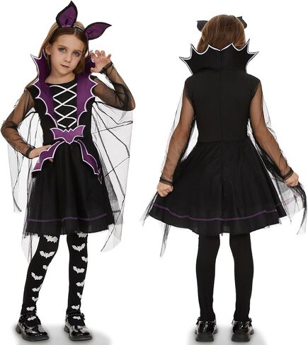 زي Neragron Vampire للفتيات، زي الخفاش مصاص الدماء للأطفال، فستان بأكمام الخفاش مع طوق شعر وجوارب للساق in Kuwait