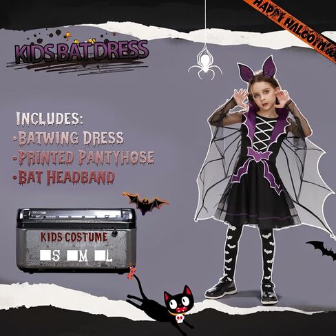 زي Neragron Vampire للفتيات، زي الخفاش مصاص الدماء للأطفال، فستان بأكمام الخفاش مع طوق شعر وجوارب للساق in Kuwait