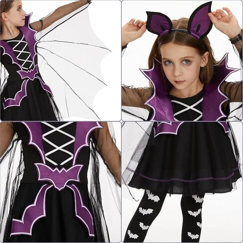 زي Neragron Vampire للفتيات، زي الخفاش مصاص الدماء للأطفال، فستان بأكمام الخفاش مع طوق شعر وجوارب للساق in Kuwait