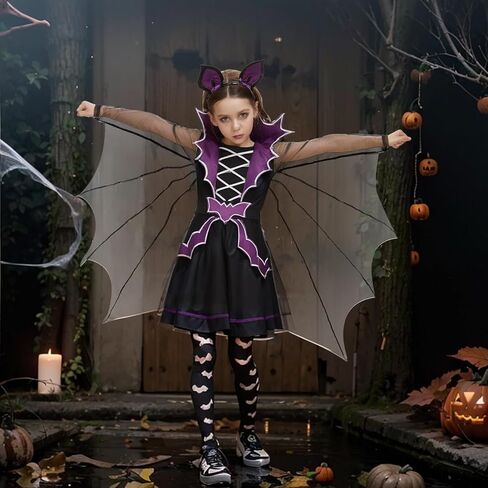زي Neragron Vampire للفتيات، زي الخفاش مصاص الدماء للأطفال، فستان بأكمام الخفاش مع طوق شعر وجوارب للساق in Kuwait