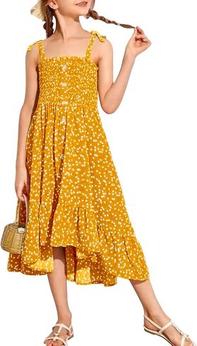 Rolmama Girls Summer Dresses Kids 2023 Sleeveless Tie Strap Boho Beach Midi Dress Smocked Ruffle Flowy Sundresses in Kuwait