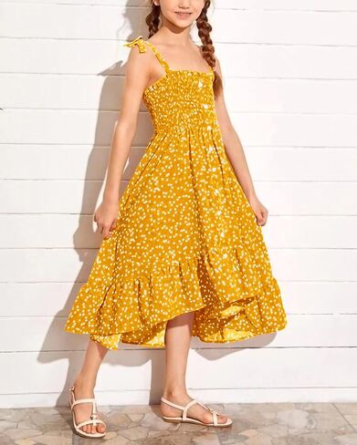 Rolmama Girls Summer Dresses Kids 2023 Sleeveless Tie Strap Boho Beach Midi Dress Smocked Ruffle Flowy Sundresses in Kuwait