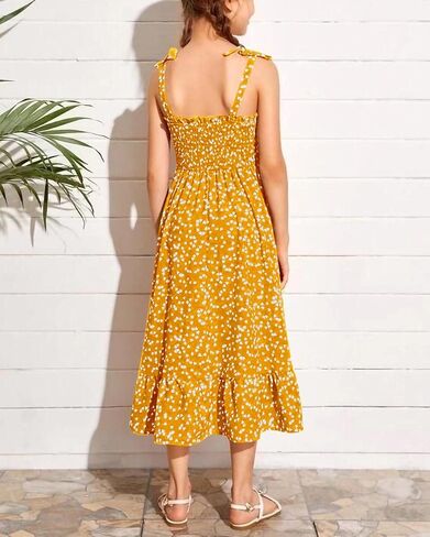 Rolmama Girls Summer Dresses Kids 2023 Sleeveless Tie Strap Boho Beach Midi Dress Smocked Ruffle Flowy Sundresses in Kuwait
