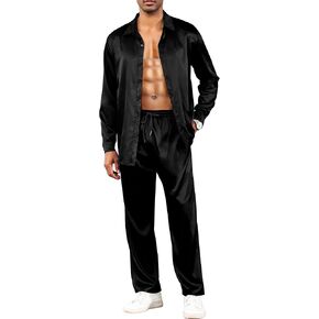 LecGee Men's Satin 2 Piece Outfits Lapel Long Sleeve Button Down Tops Jogger Pants Sets With Pocket Prom Club Party in Saudi Arabia