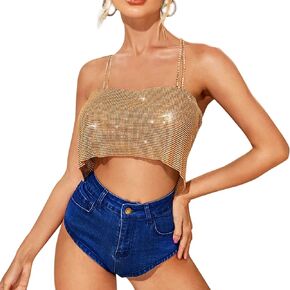 Women Sexy Glitter Rhinestone Tank Top Sparkly Backless Crop Top Beach Cover Up Rave Outfit Clubwear