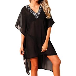 RED DOT BOUTIQUE 839 - ملابس سباحة بمقاس كبير من الشيفون الشفاف بحجر الراين ورقبة على شكل V كيمونو للشاطئ فستان عطلة مثير