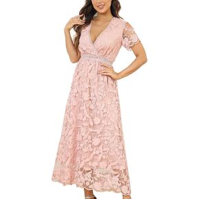 iceKiss Women's Short Sleeve Lace Floral Elegant Cocktail Dress V-Neck Long Skirt Dress for Party