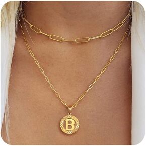 TOBENY Gold Initial Necklaces for Women Girls，14K Gold Plated Dainty Layering Paperclip Chain Necklace Personalized Letter Pendant Hollow Capital Monogram A-Z Layered Coin choker Necklace for Women Trendy Jewelry Gifts