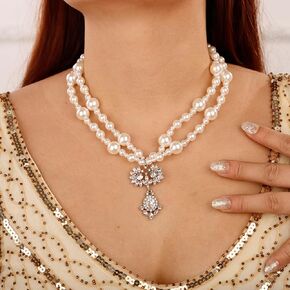 Aimimier 1920s Multilayer Faux Pearl Choker Necklace with Earrings Jewelry Set