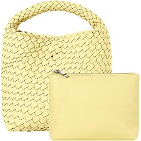 Women Woven Tote Bag Vintage Shoulder Bag Soft Foldable Top-Handle Fashion Handbag Composite Bag with Coin Purse
