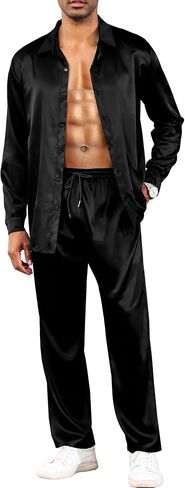 LecGee Men's Satin 2 Piece Outfits Lapel Long Sleeve Button Down Tops Jogger Pants Sets With Pocket Prom Club Party in Kuwait