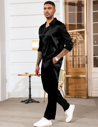 LecGee Men's Satin 2 Piece Outfits Lapel Long Sleeve Button Down Tops Jogger Pants Sets With Pocket Prom Club Party in Kuwait