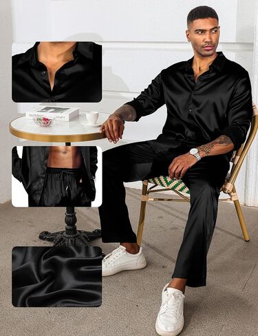 LecGee Men's Satin 2 Piece Outfits Lapel Long Sleeve Button Down Tops Jogger Pants Sets With Pocket Prom Club Party in Kuwait