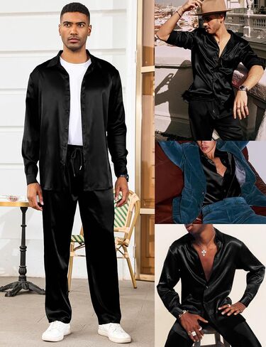 LecGee Men's Satin 2 Piece Outfits Lapel Long Sleeve Button Down Tops Jogger Pants Sets With Pocket Prom Club Party in Kuwait