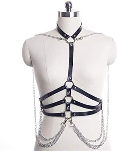 Fstrend Punk طبقات الصدر سلسلة شرابة جلدية الجسم تسخير بيان قلادة حزام سلاسل الحفلة الراقصة النادي الليلي مجوهرات الجسم للنساء والفتيات. in Kuwait
