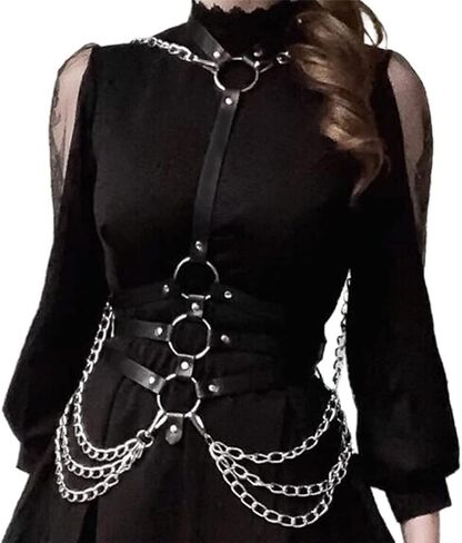 Fstrend Punk طبقات الصدر سلسلة شرابة جلدية الجسم تسخير بيان قلادة حزام سلاسل الحفلة الراقصة النادي الليلي مجوهرات الجسم للنساء والفتيات. in Kuwait
